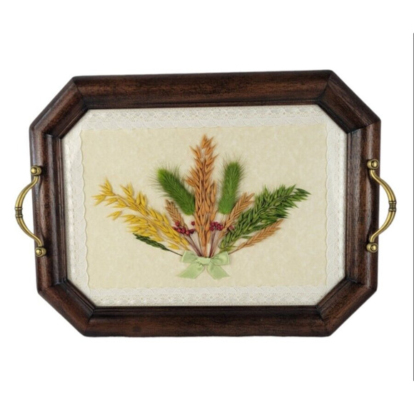 MCM Dried Flowers Plants Lace Glass Top Serving Tray with Handles Vintage - Picture 2 of 9